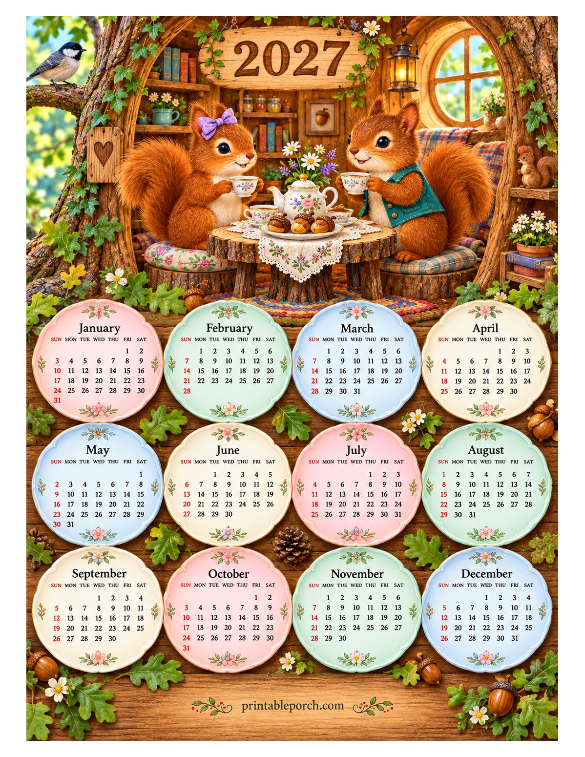 Woodland Animal 2027 Yearly Calendar - Squirrel Tea Party