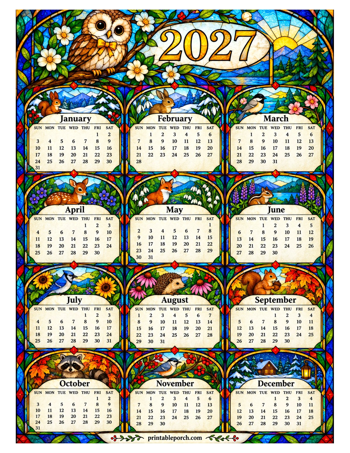 Woodland Animal 2027 Yearly Calendar - Stained Glass Forest