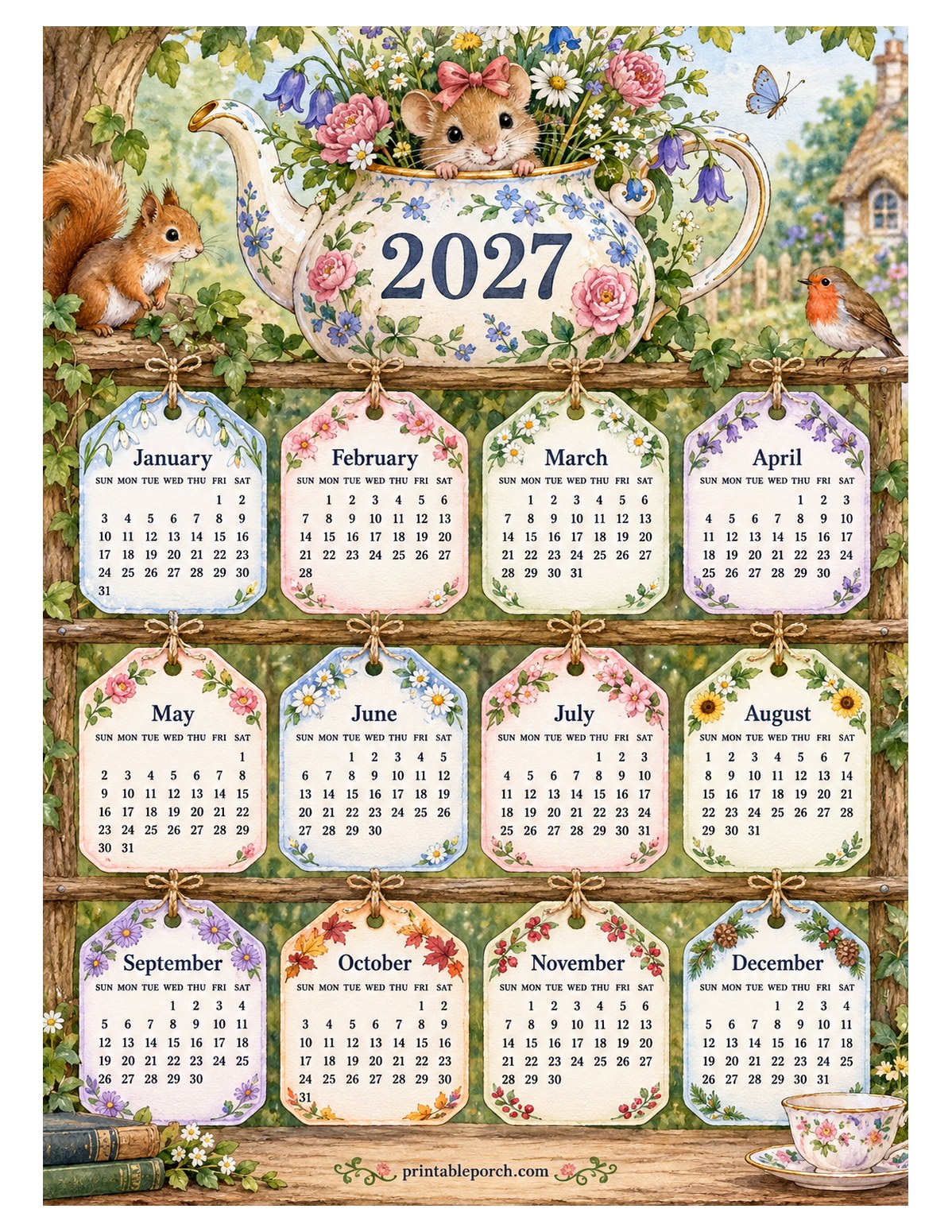 Woodland Animal 2027 Yearly Calendar - Teapot Tags